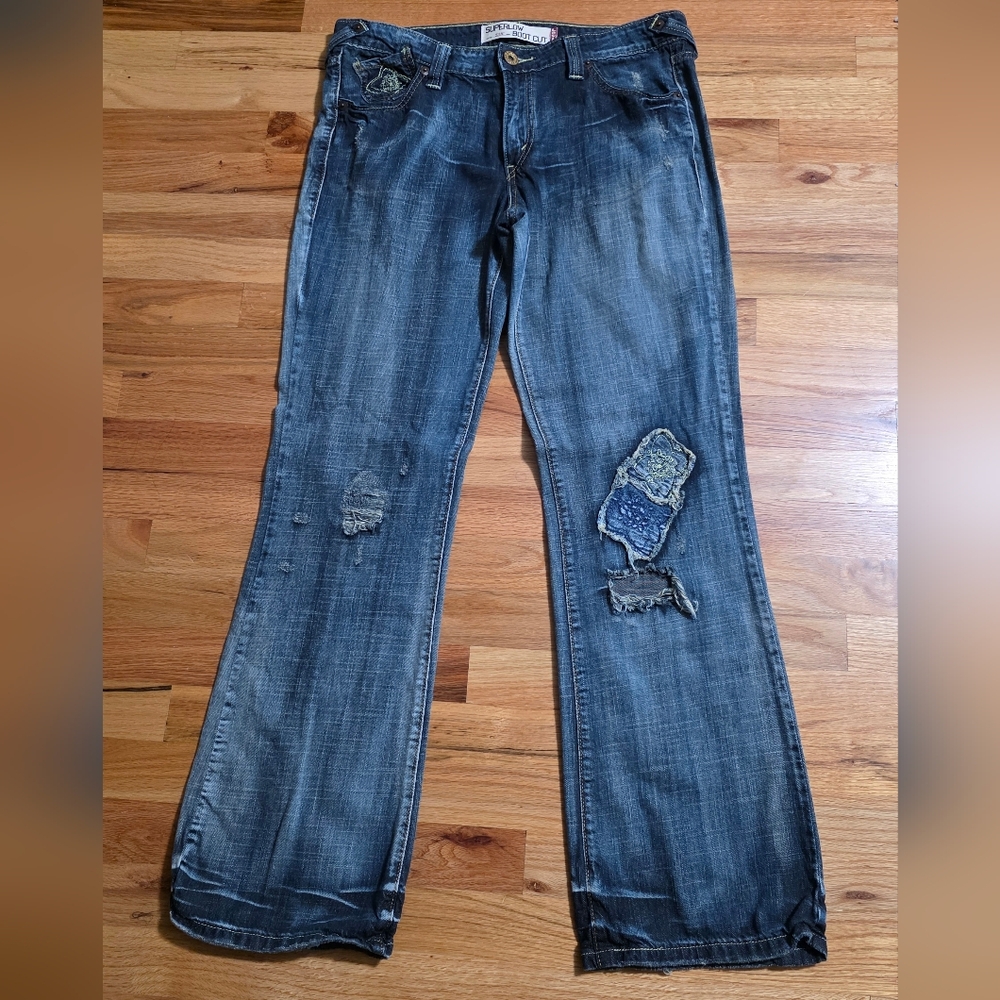 Levis Rare Y2K Distressed Patches Super Low Bootcut Pink Tab Jeans Womens 13M JR